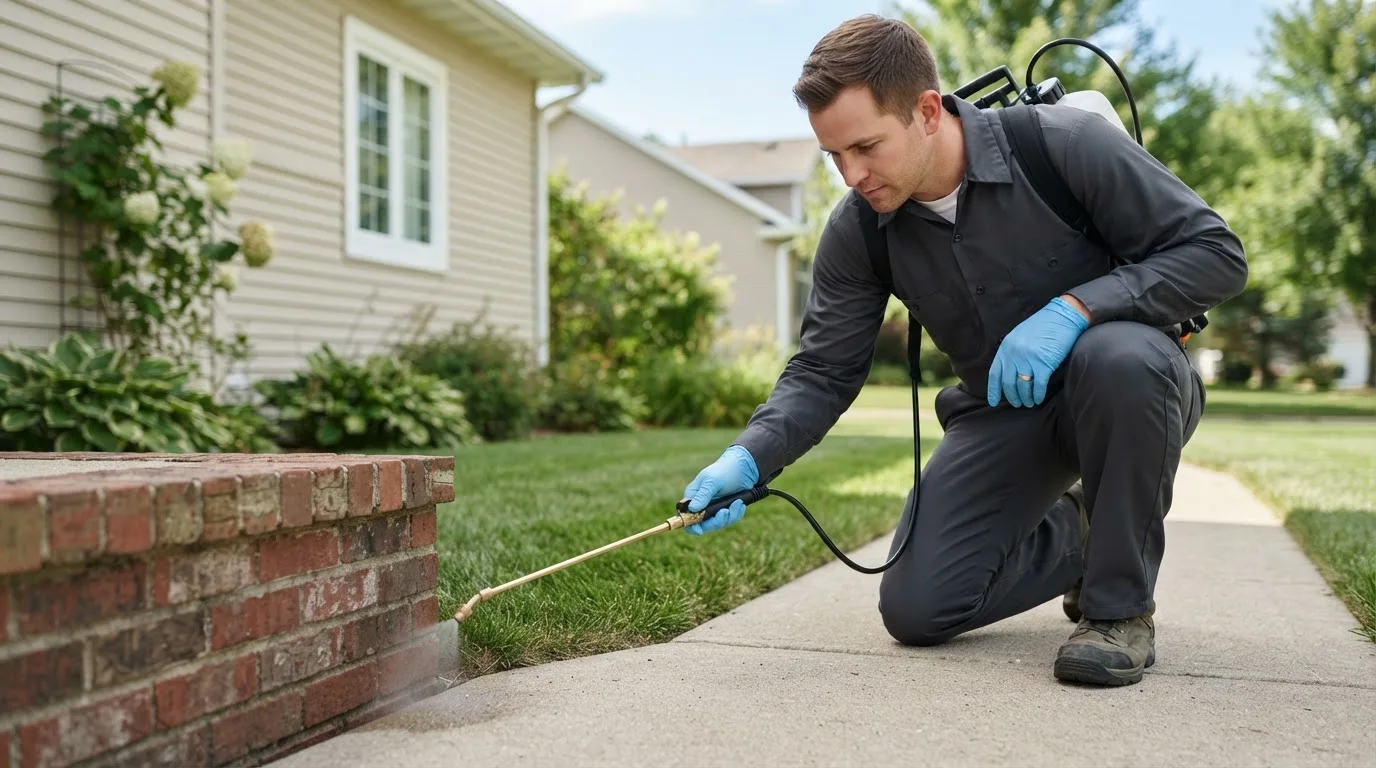 Pest control technician treating a home near Spartansburg, PA